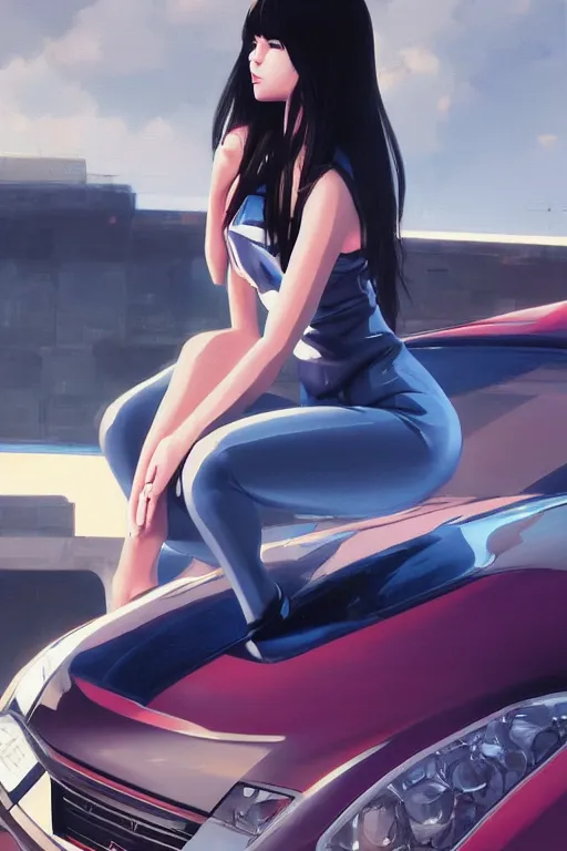 Prompt: A ultradetailed beautiful panting of a stylish woman sitting on a Nissan GTR, Oil painting, by Ilya Kuvshinov, Greg Rutkowski and Makoto Shinkai