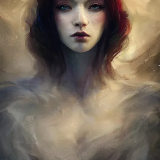 Prompt: a portrait of a ice queen with long dark curly red hair, stoic, pale skin, alone dramatic, epic painting, painted painting by wlop, nixeu and sakimichan, cgsociety, roses, wolf, crows beautiful, artbreeder, artstation, octane render, sharpness, 8 k, golden ratio