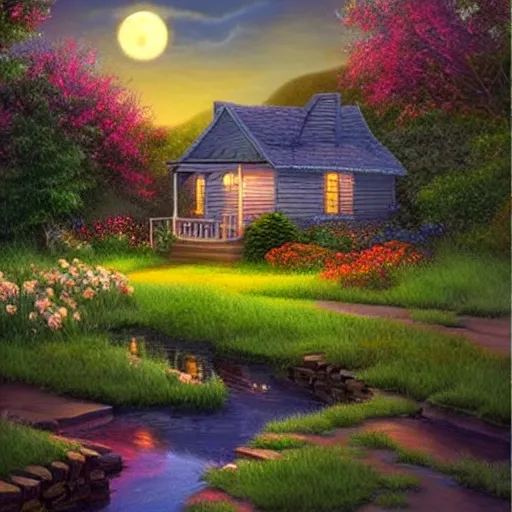 Image similar to beautiful cottage inspired by Evgeny Lushpin,cottages,flower meadow,midnight,full moon,cinematic