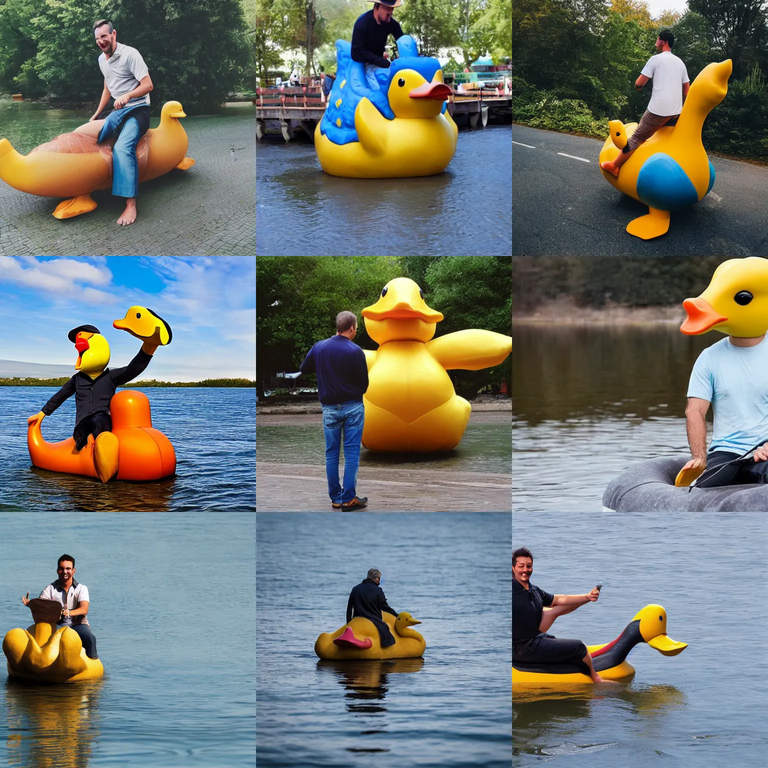 Prompt: Man riding a giant duck