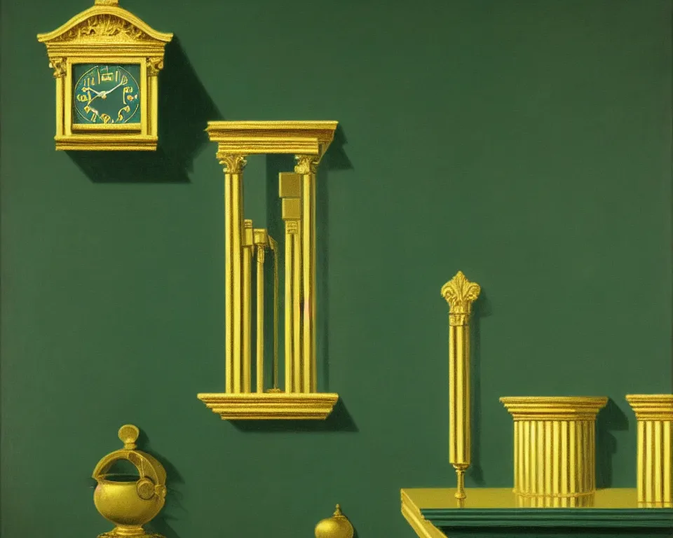 Image similar to an achingly beautiful print of gold clocks and corinthian capitals on a dark green wall by Raphael, Hopper, and Rene Magritte. detailed, romantic, enchanting, trending on artstation.