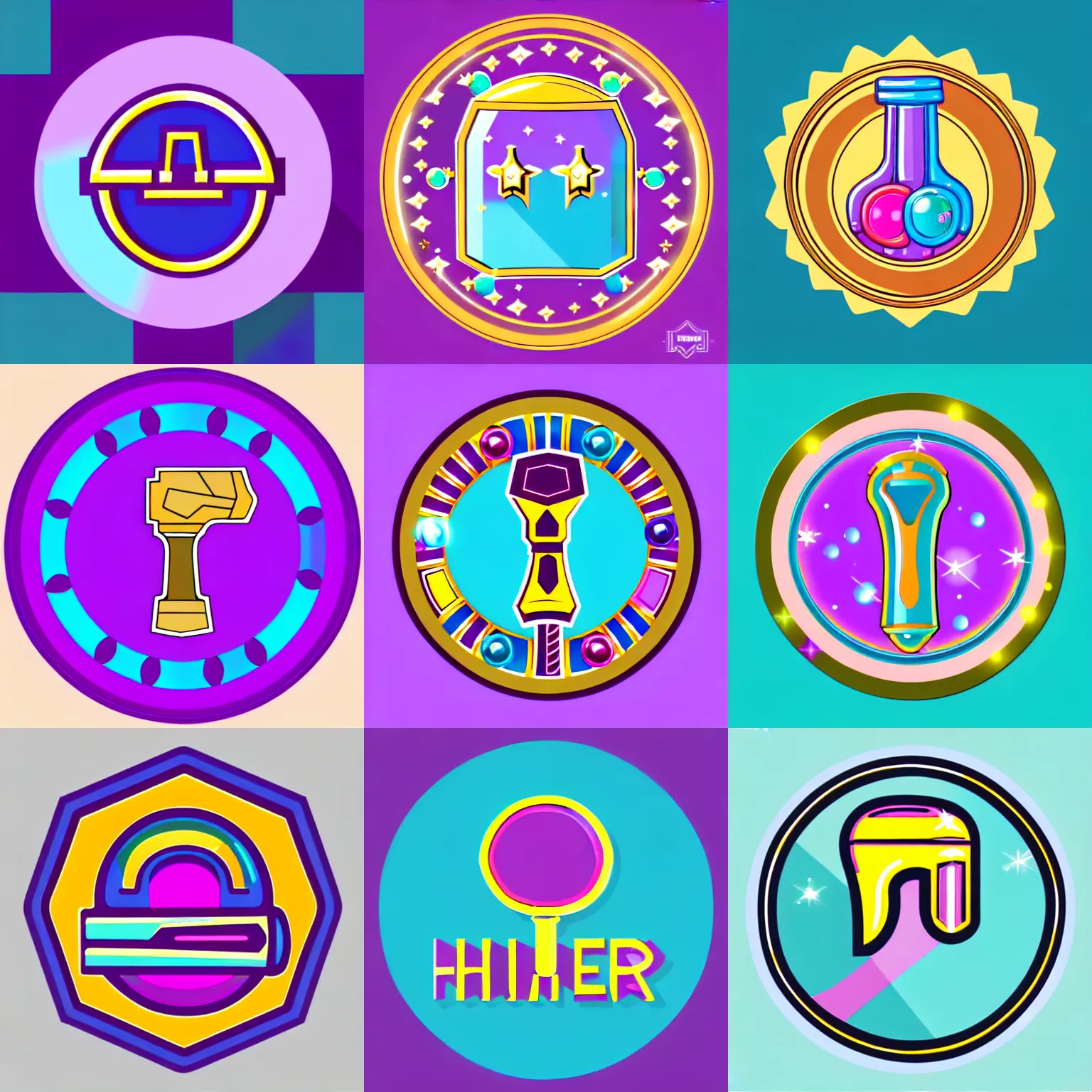 Prompt: 🔨 hammer icon designed by lisa frank, vector graphics forum badge, svg, symmetrical, transparent background, cute, metal, enamel, cloissonne, vintage, guilloche, gem stones, gilt, swarovski