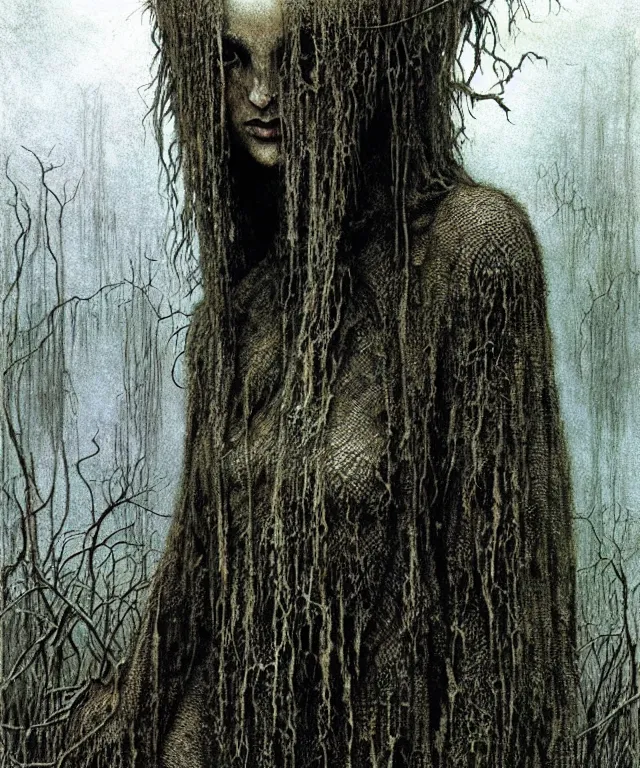 Image similar to a detailed mantiswoman stands among the swamps. wearing a ripped mantle, robe. perfect faces, extremely high details, realistic, fantasy art, solo, masterpiece, art by zdzislaw beksinski, arthur rackham, dariusz zawadzki