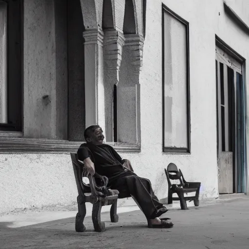 Image similar to a man sitting on a bench in front of a building, a character portrait by kamal ud - din behzad, featured on unsplash, neo - primitivism, matte photo, photo taken with ektachrome, studio portrait