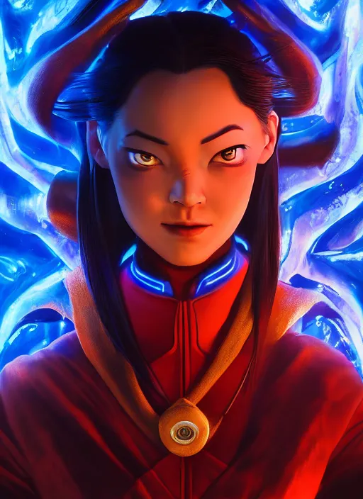 Image similar to azula from avatar the last airbender posing, blue flames, dark atmosphere, cinematic shot, intricate, ornate, photorealistic, movie poster, ultra detailed, realistic, 1 0 0 mm, photography, octane, high definition, depth of field, realism, 8 k, artstation