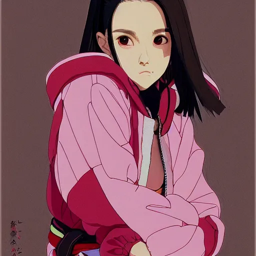 Image similar to a beautiful japanese natalie portman gravure model, wearing oversized native designer bomber jacket and leotard with overalls, bulky poofy bomber jacket with mesoamerican patterns, mesoamerican native street fashion, gapmoe yandere grimdark, trending on pixiv fanbox, painted by greg rutkowski makoto shinkai takashi takeuchi studio ghibli, akihiko yoshida