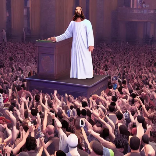 Image similar to jesus christ rapping on a podium to a crowd of people, 4 k image, hd, high res, unreal engine, medieval