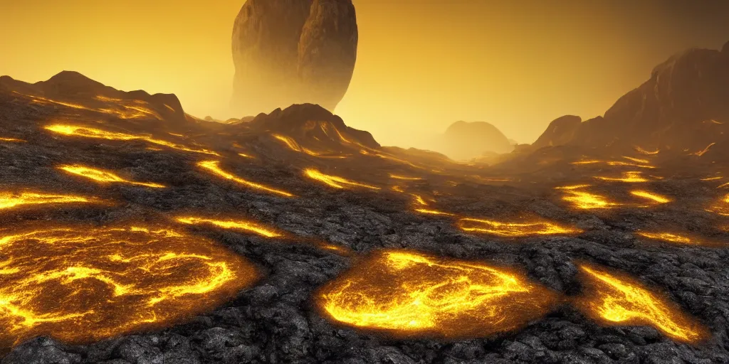 Image similar to a mountainous planet full of active vulcanoes covered by a dense yellow fog and yellow giant clouds, venus surface, path traced, highly detailed, high quality, 8 k, dramatic lighting, cinematic, high coherence, low contrast, hyperrealistic, concept art, digital art, dark yellow dense atmosphere, lava in the ground, no life, desertic