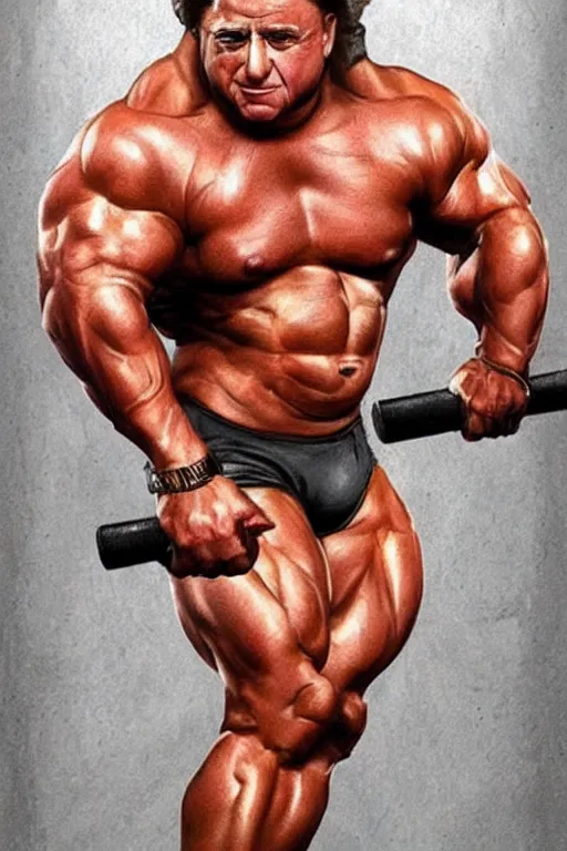 Image similar to muscular danny devito, danny devito bodybuilder, photorealistic, highly detailed,