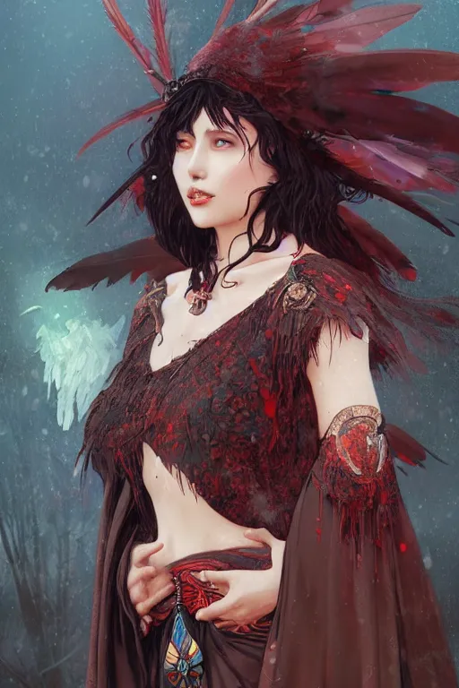 Prompt: beautiful ancient witch in raven feather cape, blood rain on background, highly detailed, digital painting, artstation, sharp focus, illustration, art by tan zi and ayanamikodon and alphonse mucha and wlop