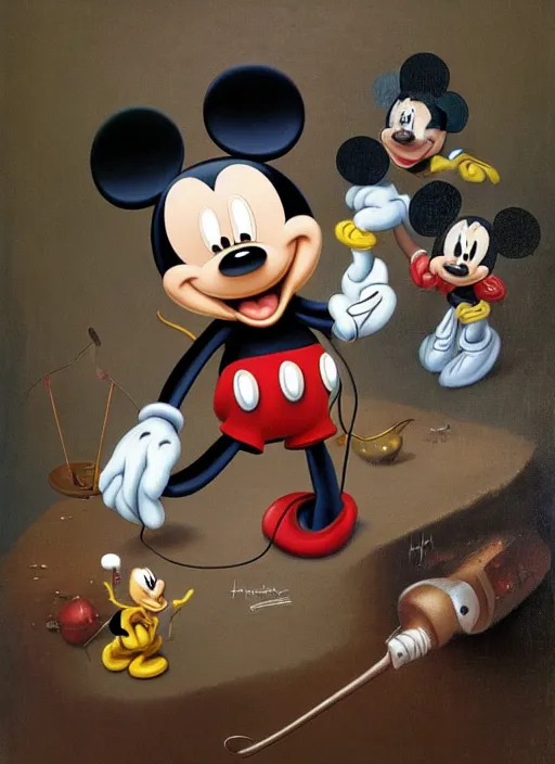 Image similar to mickey mouse painted by hieronymus bosch, detailed digital art, trending on Artstation