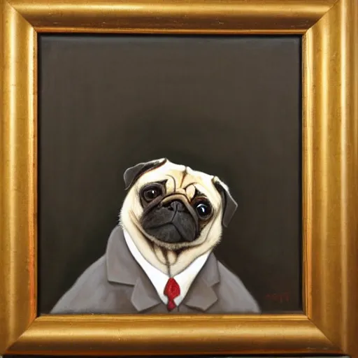 Image similar to pug in a suit, painting by ralph grady james, jean christian biville