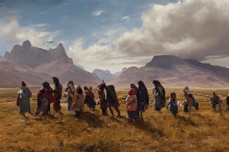 Prompt: a painting of south african immigrants in a rural patagonian village on the coast. comodoro rivadavia, rural and rocky. by greg rutkowski, trending on artstation