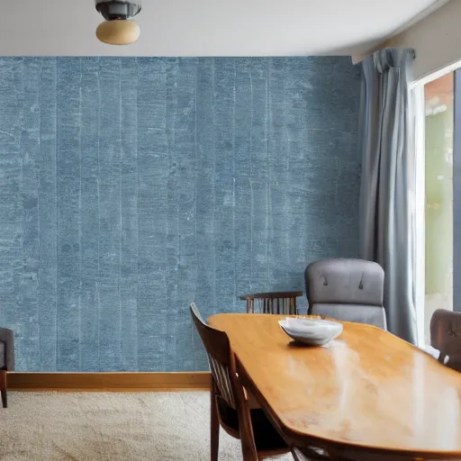 Prompt: in the style of Vincent Di Fate and Chris Moore, a family of six in a mid century modern home, blue limewash walls ,very highly detailed, 8k, wallpaper