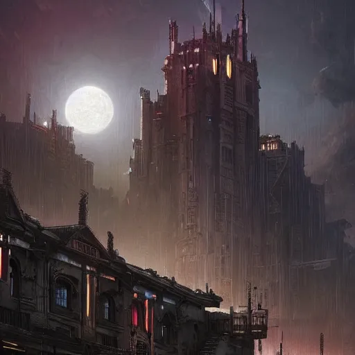 Image similar to a cyberpunk setting, dramatic light, castle background, clouds, moon, storm, night, high detail, fantasy background, painted by greg rutkowski, digital art, trending on artstation