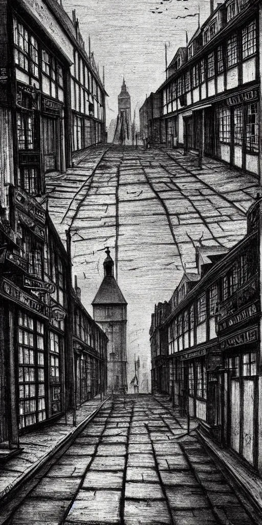 Prompt: shallow street in london 1 6 5 0, so many thrash, german expressionism, black and white, photorealistic style, scretch, dust, grain, creepy