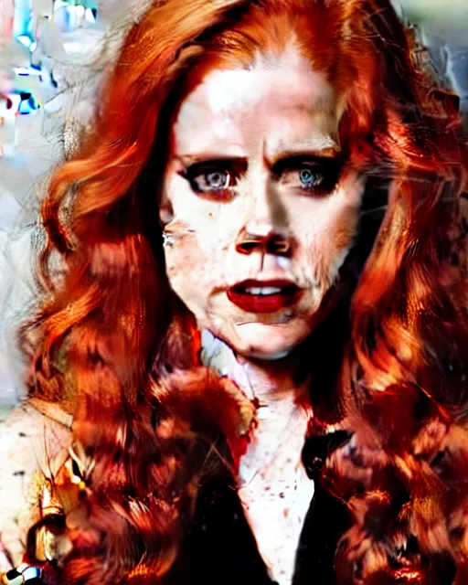 Prompt: style of marc silvestri : : gorgeous vampire amy adams : : sharp teeth fangs, open mouth sneer : : symmetrical face, symmetrical eyes : : gorgeous red hair : : magic lighting, low spacial lighting : :