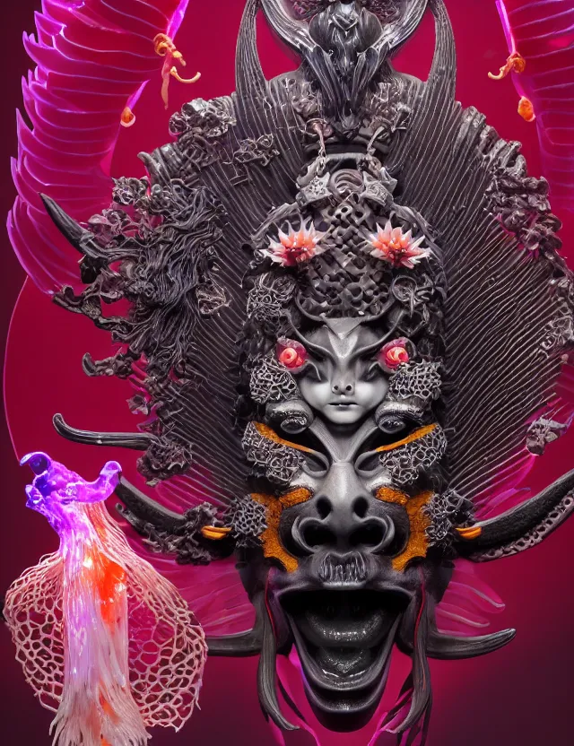 Image similar to 3 d goddess close - up profile satan biohazard portrait with crown, ram skull. beautiful intricately detailed japanese crow kitsune mask and clasical japanese kimono. betta fish, jellyfish phoenix, bio luminescent, plasma, ice, water, wind, creature, artwork by tooth wu and wlop and beeple and greg rutkowski