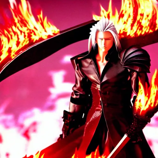 Prompt: Sephiroth standing in flames