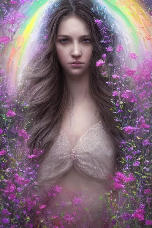 Image similar to elaborately detailed close up realistic portrait of an extremely beautiful girl with very long dark hair surrounded by flowers, an eerie mist and many ethereal rainbow bubbles, Art Noveau, Aetherpunk, atmospheric lightning, dreamscape maximized, iridiscent geometry, high fantasy professionally painted digital art painting, fantasy matte painting movie poster, smooth, sharp focus, highly detailed illustration highlights, backlight, golden ratio, 8K detail post-processing, symmetrical facial features, rich deep moody colors, dark epic fantasy, award winning picture, featured on DeviantArt, trending on cgsociety