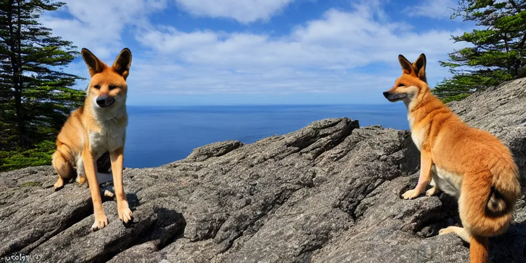 Prompt: a dingo poses on the precipice trail on mt. champlain in maine, ocean background, ladders