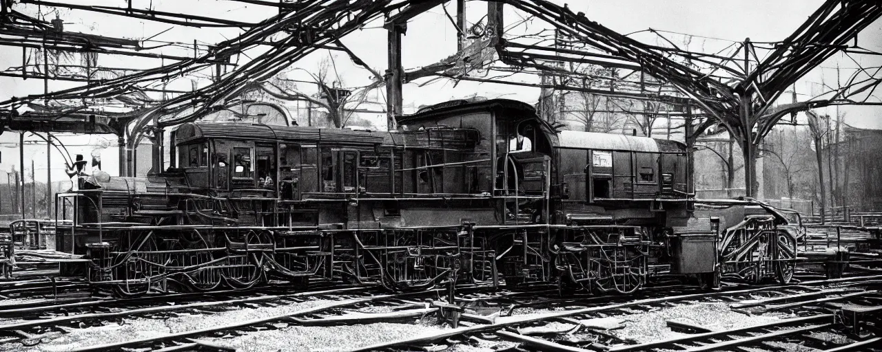 Prompt: early trains built with spaghetti engines, canon 5 0 mm, cinematic lighting, photography, retro, black and white film, kodachrome