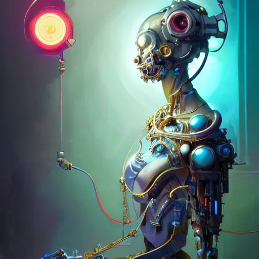 Image similar to portrait, biomechanical wizard, cyberpunk, bionics, augments, lights, cables, elegant gleaming intricate baroque jewellery, colorful, vivid, imposing, epic, digital painting, artstation, concept art, by peter mohrbacher and wlop and rhads,