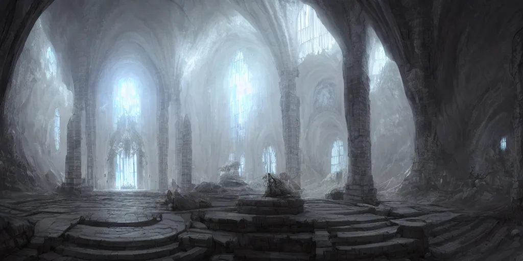 Image similar to Underground White Cathedral City hidden inside a round spacious cavern, lush greenery, tall white church in the center of the city, buildings made of white stone, baroque architecture. In style of Hyung-tae Kim, Greg Rutkowski and Larry Elmore, concept art, trending on ArtStation, Korean MMORPG, over-detailed art, 8K, epic, dynamic lightning, scenery, birdview.