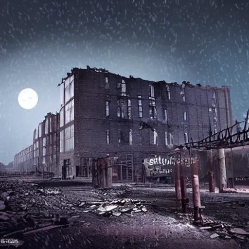 Image similar to ruins of a factory in the night enlightens by the full moon, there are zombies walking around, photorealistic