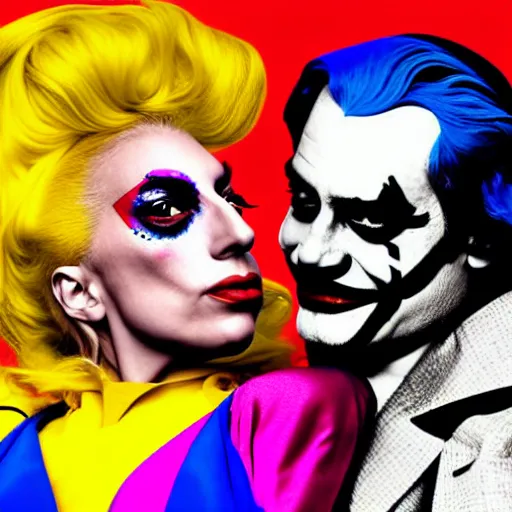 Image similar to richard hamilton and mimmo rottela as lady gaga harley queen and joaquin phoenix joker kissing, pop art, medium long shot, 2 color, justify content center, object details, dynamic composition, 4 k, ultra realistic art, smooth, sharp focus, illustration, concept art, intricate details, h 7 6 8