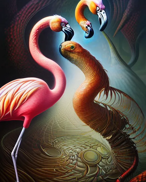 Image similar to a detailed portrait of dreampunk flamingo python hybrid mix by tomasz alen kopera and peter mohrbacher