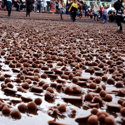 Prompt: human swims in sea of nutella, photograph