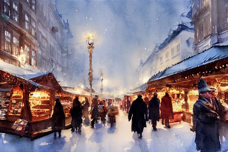 Prompt: abstract watercolor painting of stockholm street, magic diamond crystal winter, traditional christmas market, cinematic light, sharp shadows, daylight, national romanticism by anders zorn, by greg rutkowski, by greg manchess