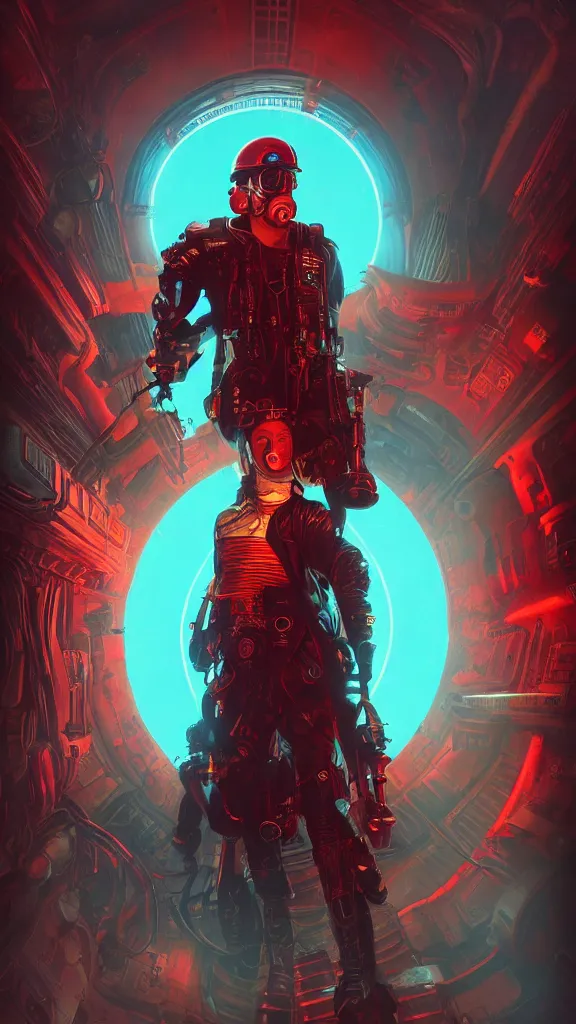 Image similar to concept art, retro - futurist steampunk pilot portrait, imperious, octane render, heroic, artstation, dramatic neon lighting, glowing imperial motifs, eerie, mysterious, red turquoise accents, bladerunner, by gerald brom, james jean, syd mead, akihiko yoshida, cinematic