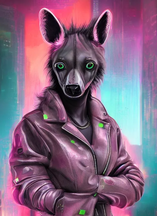 Image similar to digital painting of anthromorphic hyena female, fursona, furry fandom, neon rainy cyberpunk setting, anthro, wearing cyberpunk leather jacket, detailed face,