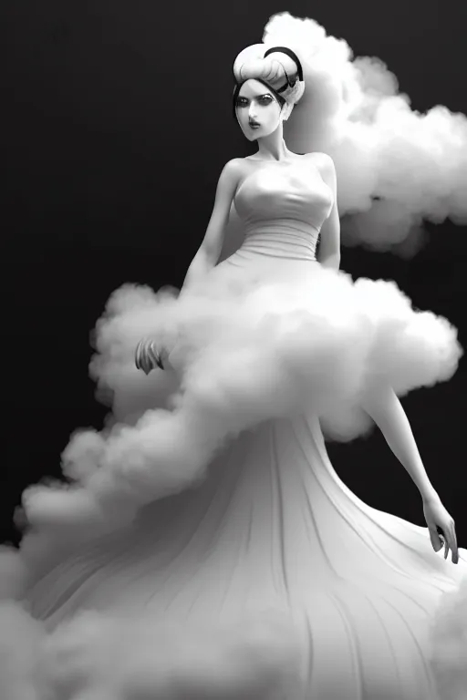 Prompt: a black and white photo of a woman in a billowing white dress made of smoke, ambient occlusion render by urakusai nagahide, tazuki takamatsu featured on pixiv, generative art, ambient occlusion, official art, concept art