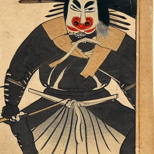 Image similar to samurai wearing oni mask and holding katana with both hands, 1 9 th century