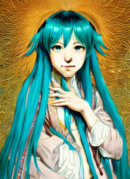 Image similar to oil portrait of hatsune miku, intricate, elegant, highly detailed, lighting, painting, artstation, smooth, illustration, art by greg rutowski and alphonse mucha