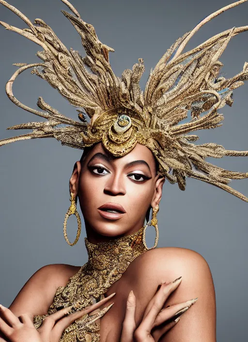 Image similar to photo of beyonce styled by nick knight posing, intricate headpiece, showstudio, vogue magazine, 2 0 2 0, canon, highly realistic. high resolution. highly detailed. dramatic. 8 k. 4 k. zeiss lens, canon eos, cinematic lighting, photography, film still