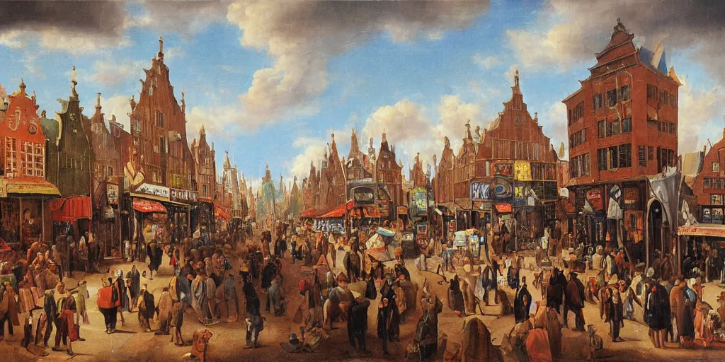 Prompt: Busy alien shopping district, oil painting in the style of the Dutch masters, very detailed