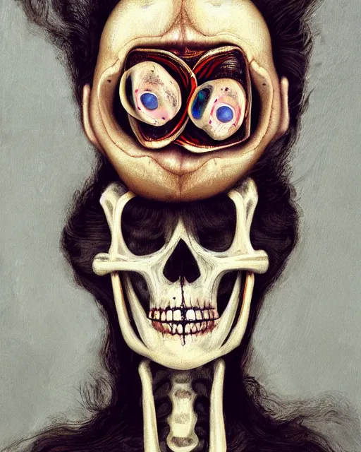 Image similar to a surrealistic head and shoulder painting of a gorgeous female skeleton with cat eyeballs and lipstick and hoodie, in the style of lucian freud, digital art, detailed masterpiece