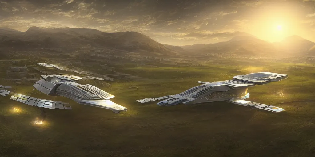 Image similar to solarpunk spaceship hovering over fields and small houses, science fiction digital art, award winning, trending on artstation, digital art. highly detailed 8 k. intricate. lifelike.