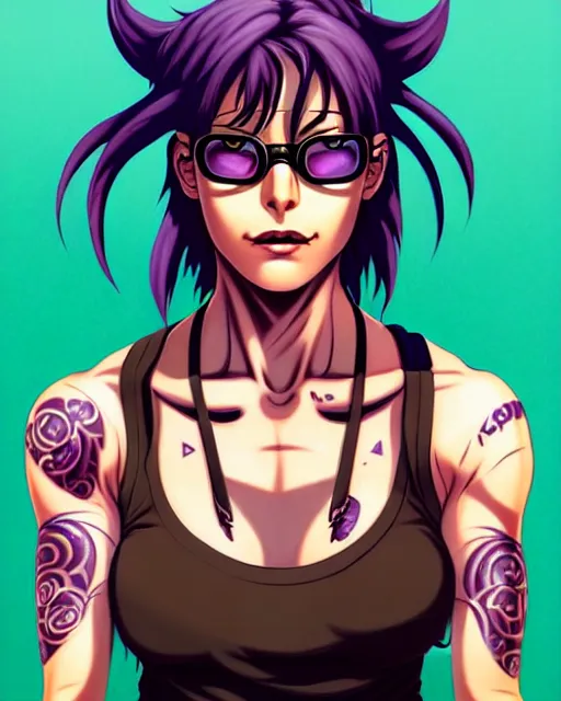 Image similar to a portrait of revy from black lagoon, black tank top, jean shorts, brown eyes, purple hair, tribal tattoos right arm sleeve, symmetrical eyes, symmetrical face, art by lois van baarle and loish and ross tran and rossdraws and sam yang and artgerm