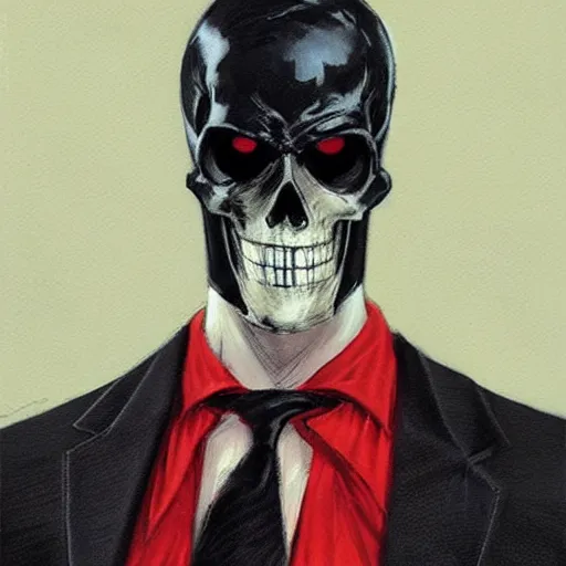 Image similar to Black suit, red tie and gloves, blond comb over and skull face mask, by Gerald Brom and Kim Kyoung Hwan