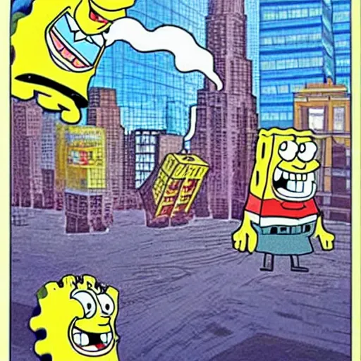 Image similar to giant sized spongebob squarepants destroying the twin towers in new york city