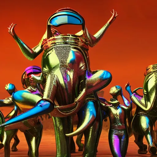 Image similar to 1 9 7 0's bollywood movie octane render, weta digital, cinema 4 d, an elephant wearing a silver latex suit and an iridescent metal helmet surrounded by women dancing in colorful flowing intricate dresses on a tropical alien planet