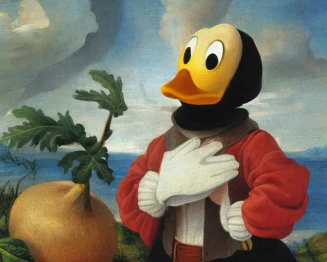 Image similar to detailed old renaissance oil painting of Donald Duck