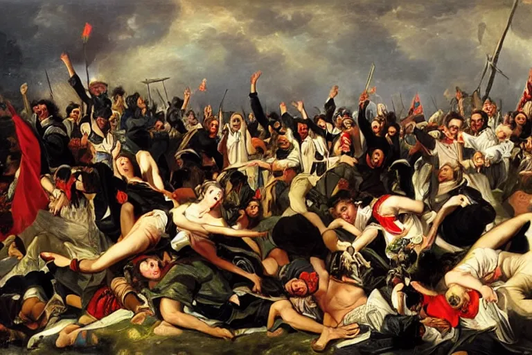 Prompt: protesters riot against war, in style of Karl Bryullov,