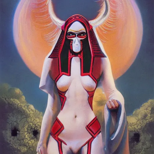 Prompt: seductive, clothed science fiction mutant byzantine priestess with long neck and geometric headdress and mask, by boris vallejo, deak ferrand, and greg rutkowski