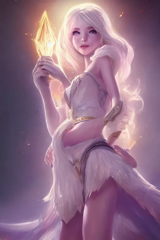 Image similar to portrait of lux from league of legends, wielding light magic, photorealistic fantasy castle city, full body, powerful, fantasy, intricate, elegant, highly detailed, digital painting, artstation, concept art, sharp focus, illustration, art by irina french